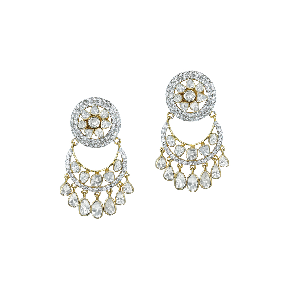Polki Diamond Chandbali Earrings with Teardrop Danglers